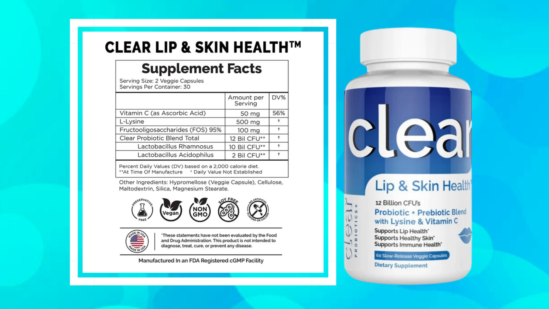 Clear Probiotics Lip and Skin Health Supplement Facts
